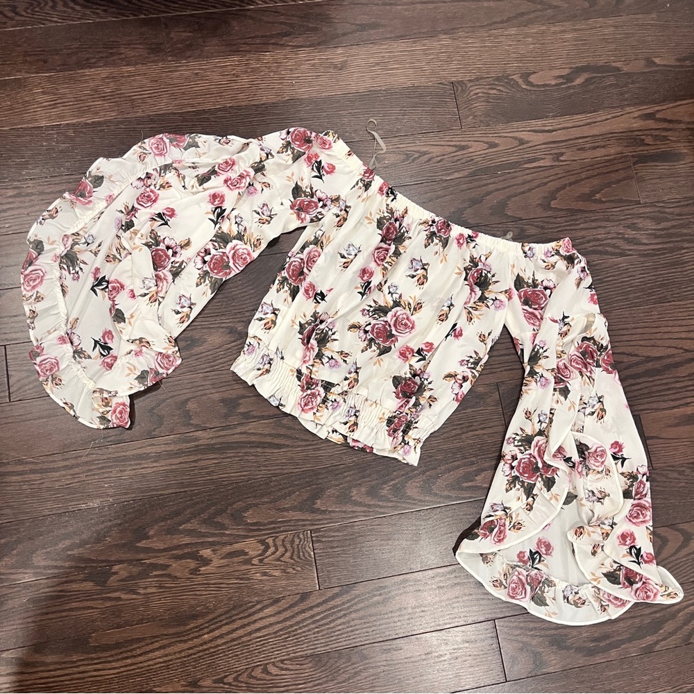 Floral Off-Shoulder Blouse with Open Bell Sleeves